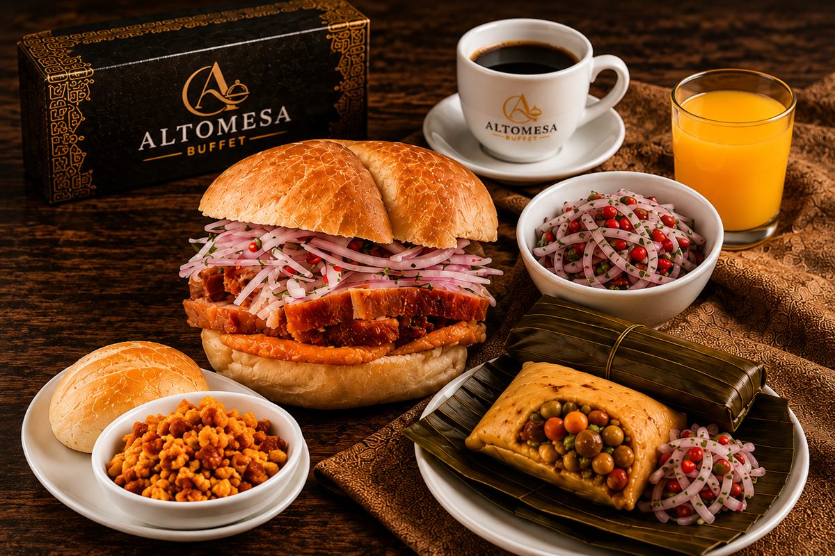 Desayuno criollo corporativo Altomesa: sánguche, tamal, huevos con chorizo y bebidas